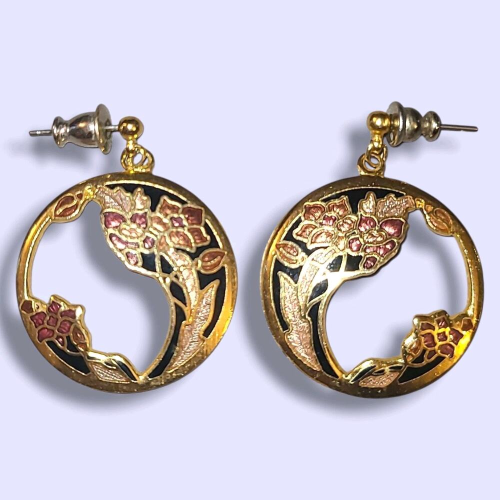 Vintage Fish & Crown cloisonne Enamel Dangle Earrings Gold Tone‎ Flowers